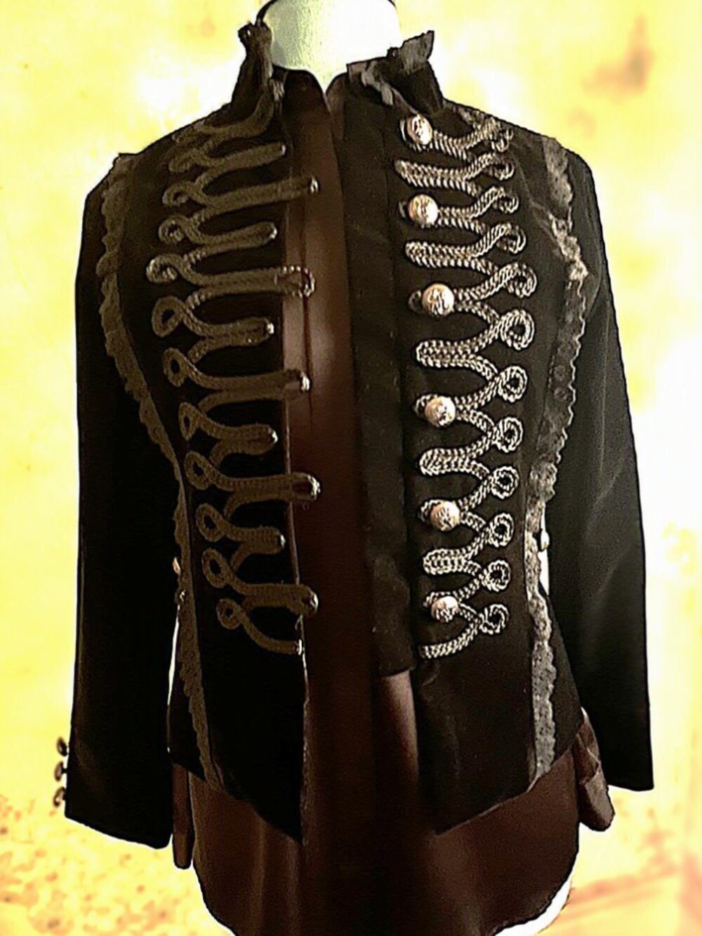 Black Velvet Military Jacket with Braided Trim & Silver Buttons - Picture 2 of 9